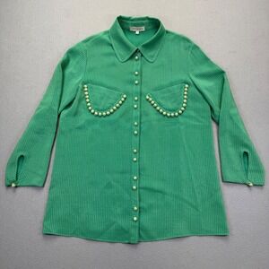 Zac Posen Green Gold Metallic Striped Pom Pom Pocket Silk Blouse Womens 4